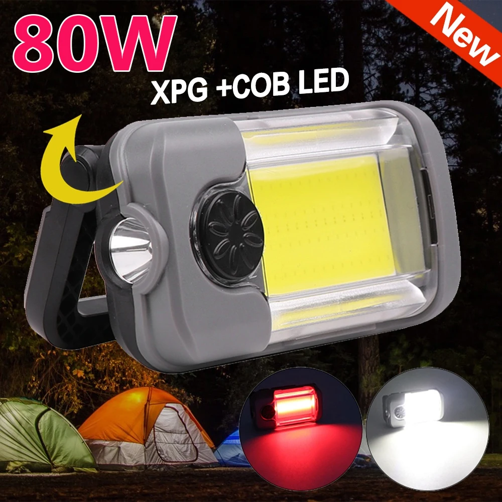 

White Red LED Portable Lantern COB Magnetic Working Light USB Rechargeable Flashlight Torch Mobile Power Bank Camping Tent Lamp