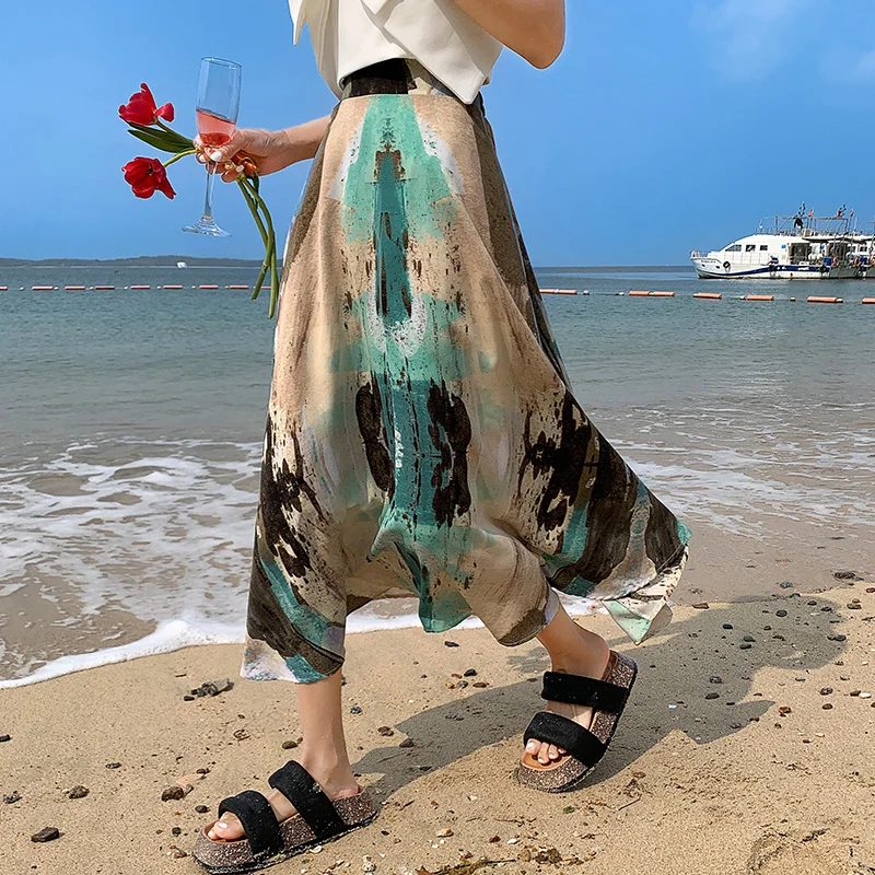 

Модная юбка с принтом, новинка 2023, шикарная винтажная Праздничная элегантная женская юбка А-силуэта с высокой талией, летние женские длинные юбки P567