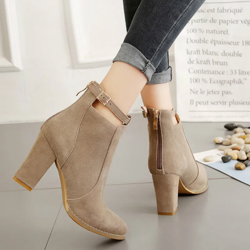2023 Plus Size 42 43 Women Boots Flock Zipper Pointed Toe Autumn Winter Ankle Thick High Heels Ladies Shoes Womans Pumps Booties