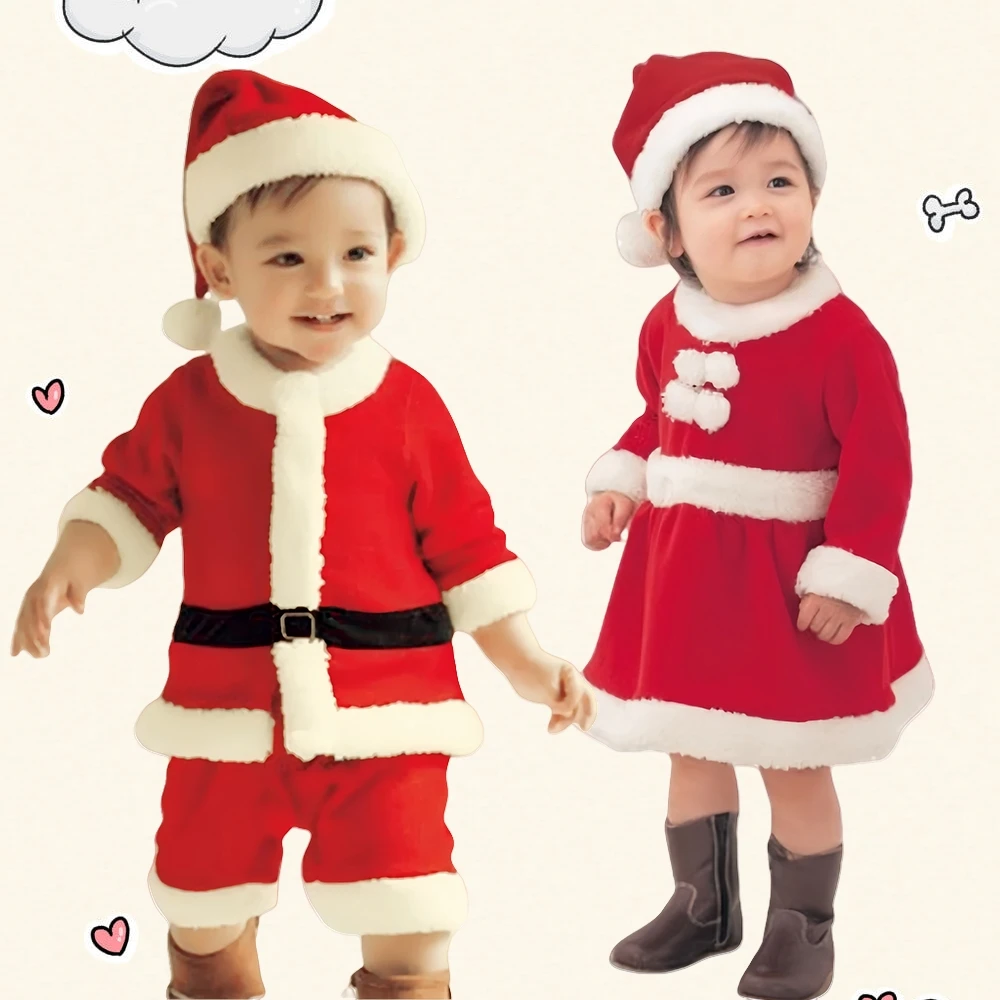 Christmas Santa Claus Costume Set Boy and Girl Santy Red Cosplay Clothes Hat Jacket Pants Belt Shoes New Year Part Clothing
