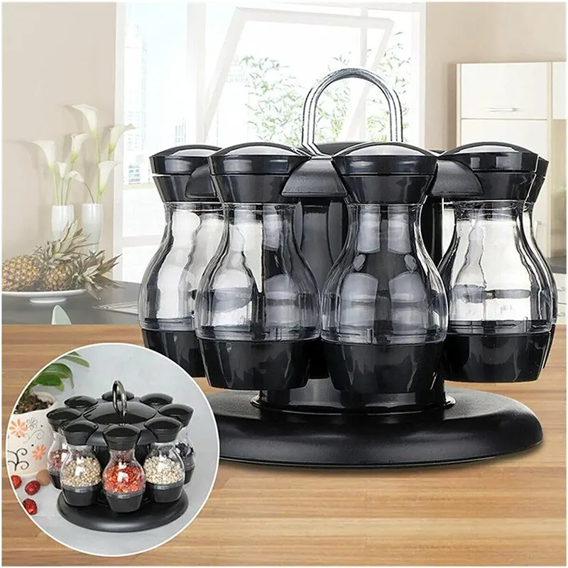 

Rotating Cruet Condiment Seasoning Jars Set for Spices Pepper Sprays Bottles Salt Shakers Holder Kitchen Storage Rack Organizer