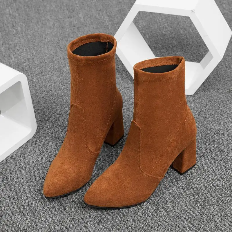 

Size 35-40 Thick Heel Ankle Boots Black Brown Flock Women Winter Shoes Elegant High Heel Pointed Toe Short Booties Ladies Shoes