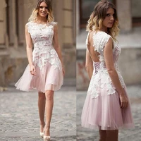 classic new pink lace homecoming dresses knee length cocktail gowns cap sleeves short party dresses appliqued corset back 2022