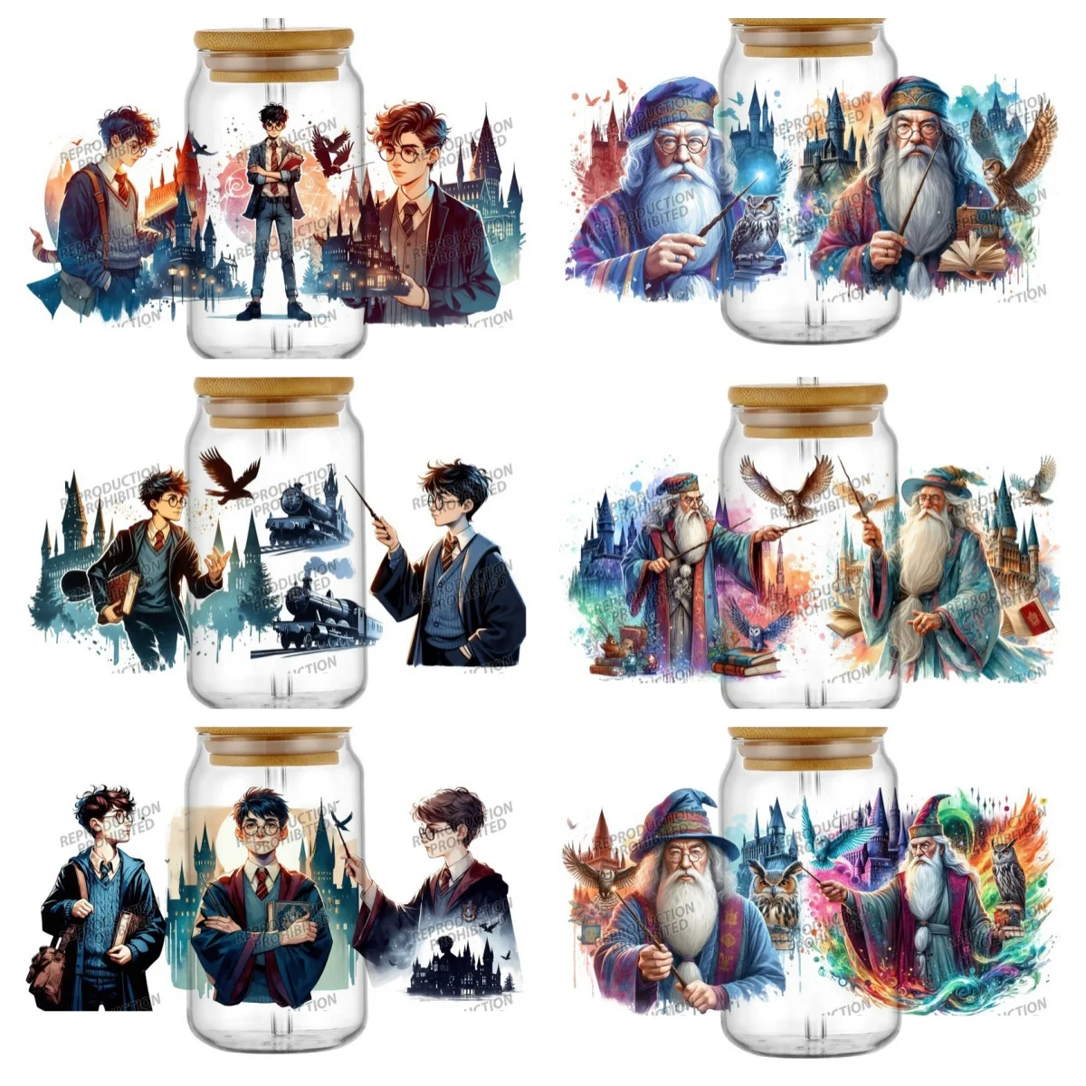 Фото Наклейка-деколь для стакана/термоса Fantasia Wizard Castle Owl 16oz Libby Glass UV DTF, акварельный дизайн, УФ-печать, переводная наклейка для кружки/термоса, УФ-ДТФ стикер для стакана/термоса №1