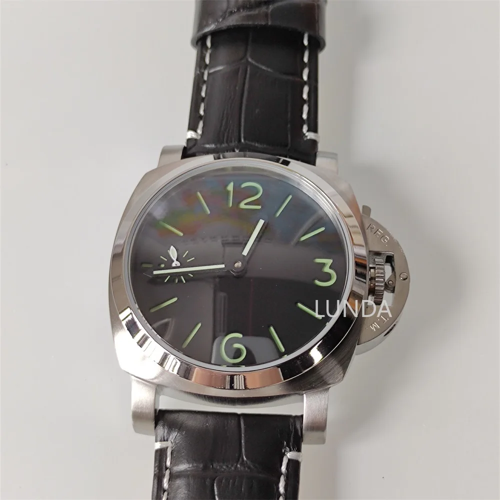 

44 mm men's watch manual winding mechanical watch skeleton movement stainless steel case sterile dial leather strap watch 6497