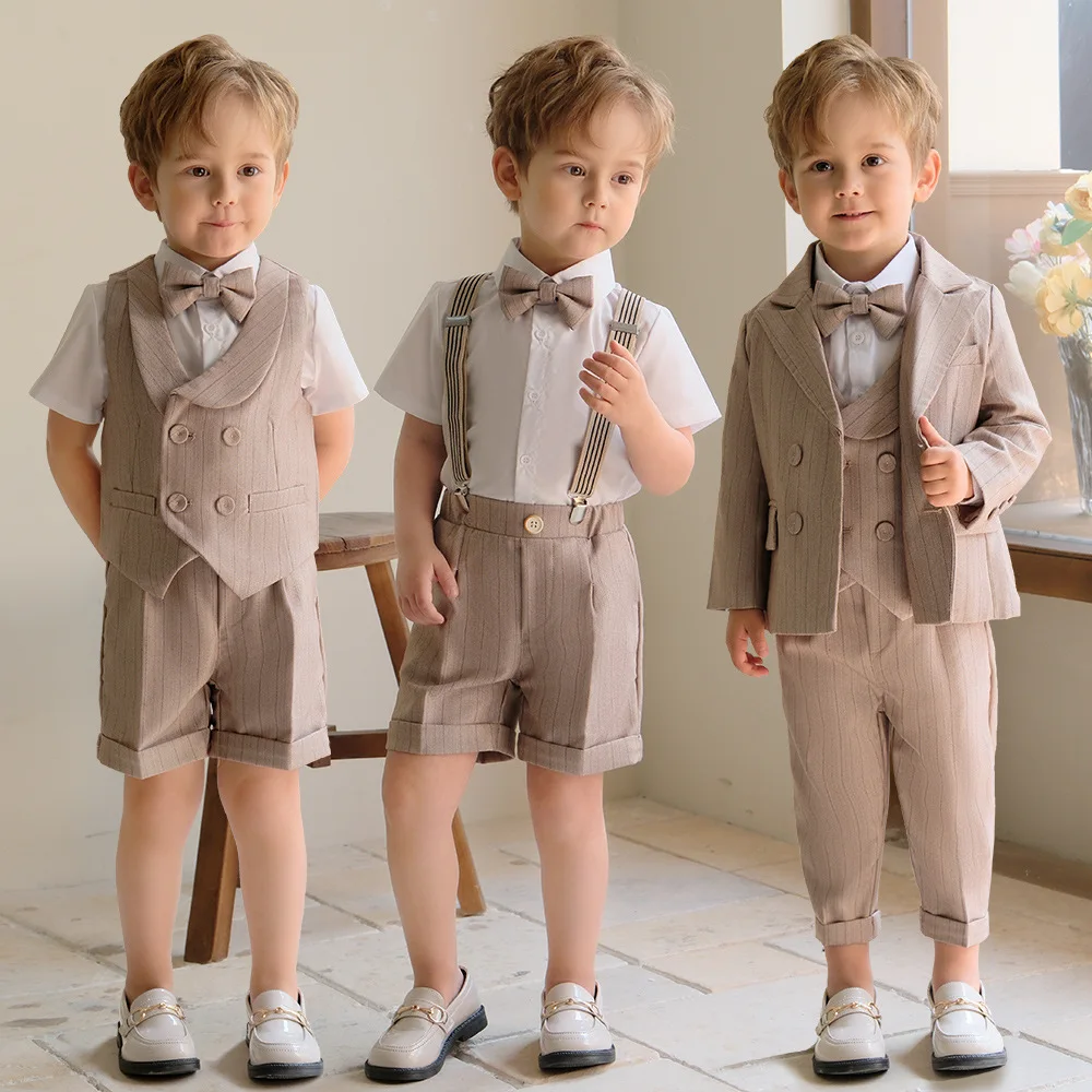 

Children's Khaki Striped Suit Set Boy's Suspenders Long Shorts Vest Shirt Bowtie Clothes Kids Wedding Birthday Party Costume