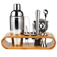 9pcs mixology bartender kit boston cocktail shaker bar tools set with bamboo base for bartender stainless steel mixer 750ml