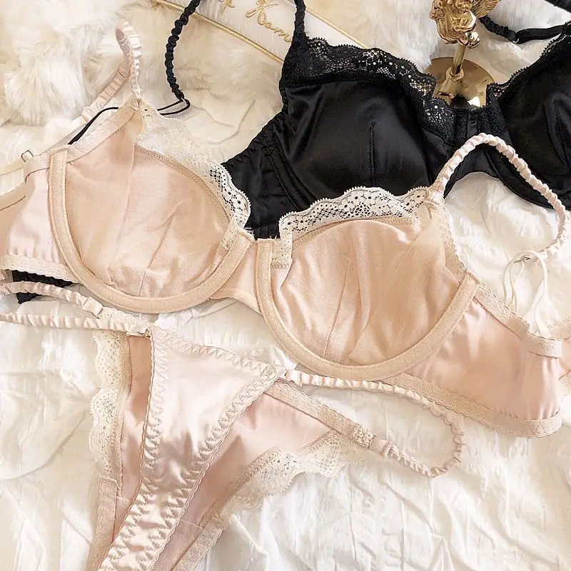 Французское атласное сексуальное кружевное тонкое нижнее белье комплект с