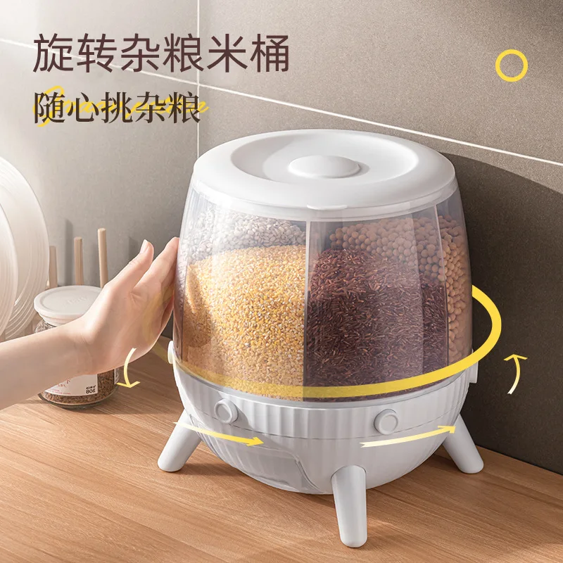 

Rotating Cereals Storage Box Kitchen Six-Grid Grain Sealed Separated Storage Rice Bucket for Canned Food