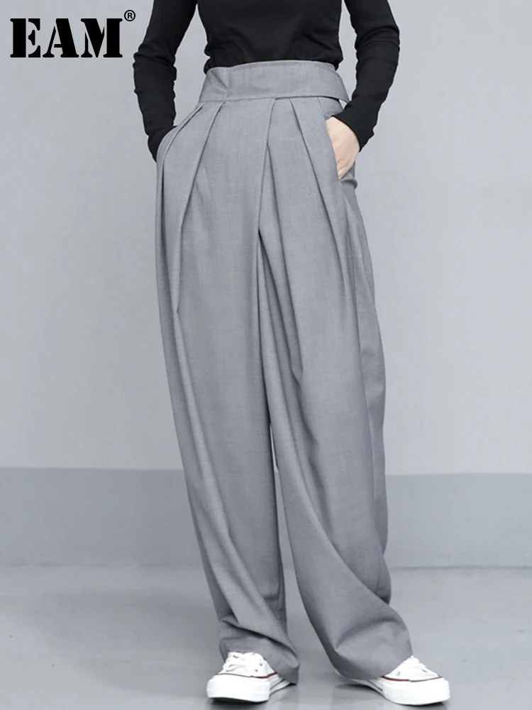 

[EAM] High Waist Pleated Gray Brief Long Wide Leg Trousers New Loose Fit Pants Women Fashion Tide Spring Autumn 2022 1T735