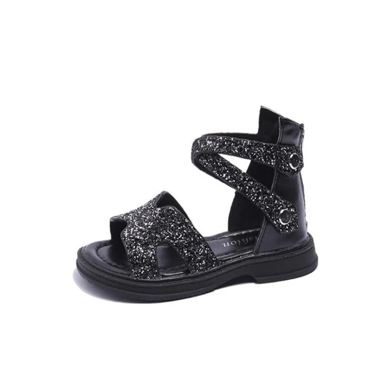 

Сандалии в римском стиле для девочек, босоножки с высоким верхом и молнией сзади для маленьких принцесс, блестящая пляжная обувь с открытым носком, летняя новая черная короткая обувь