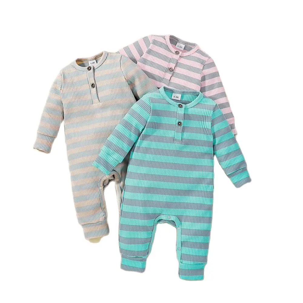 

2023 Winter Baby Girls Boys Long Sleeve Romper with Horizontal Stripes Print Bottom Button Casual Style Spring Clothing 0-12M