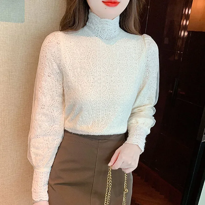 Модная кружевная женская блузка с воротником-стойкой и длинным рукавом