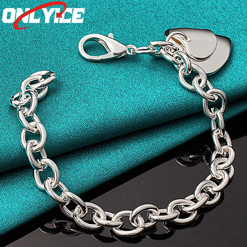

925 Sterling Silver Smooth Double Heart Pendant Bracelet Ladies Fashion Glamour Party Wedding Engagement Jewelry