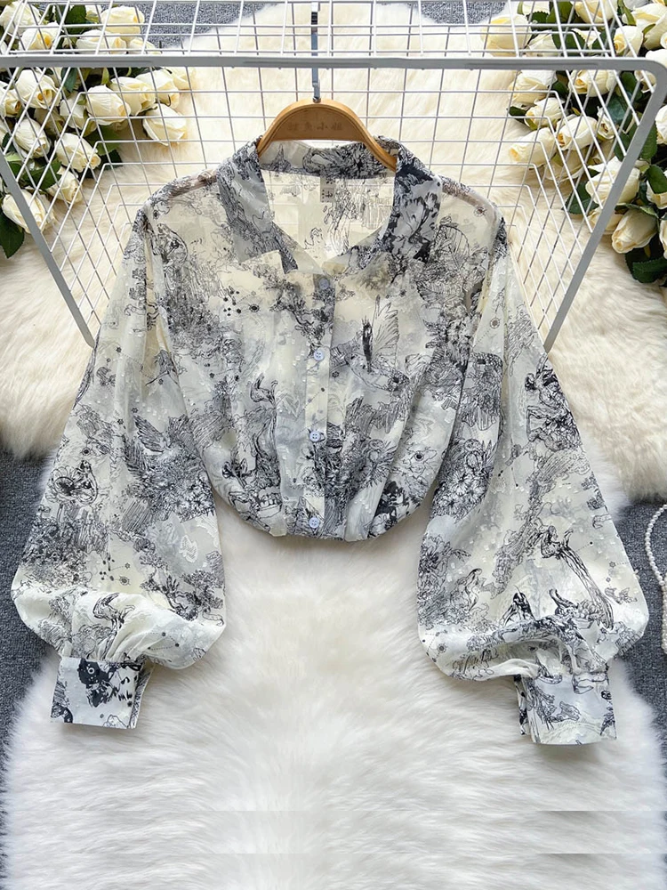 

Women autumn winter shirts new retro chiffon design lantern sleeves fashionable temperament printed cardigan top D1862