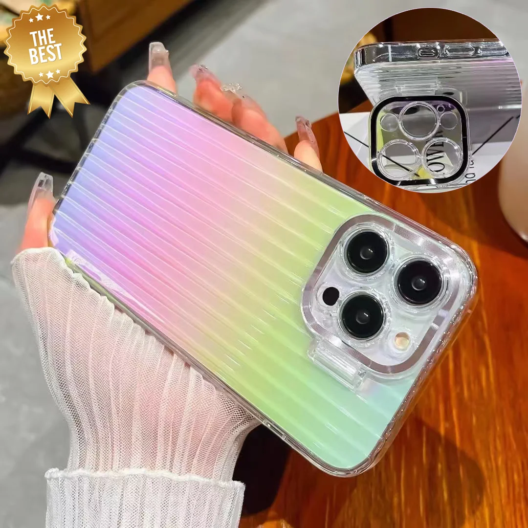 

Gradient Rainbow Clear InvisibleCamera Lens Folding Bracket Holder Case Phone Case for iPhone 14 Pro Max Plus 12 13 Cover