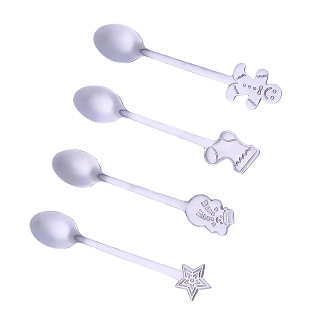 

4Pcs Christmas Serving Spoons Holiday Stainless Steel Dessert Spoons Snowman Gingerbread Man Pattern Spoons Xmas Party Favors
