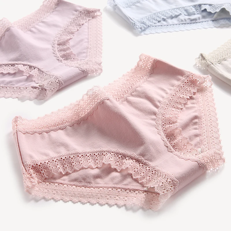 4Pcs/Lot Cotton Panties Women Sexy Lace Briefs Breathable Underwear Girls Panty Solid Lovely Womens Seamless Lingerie