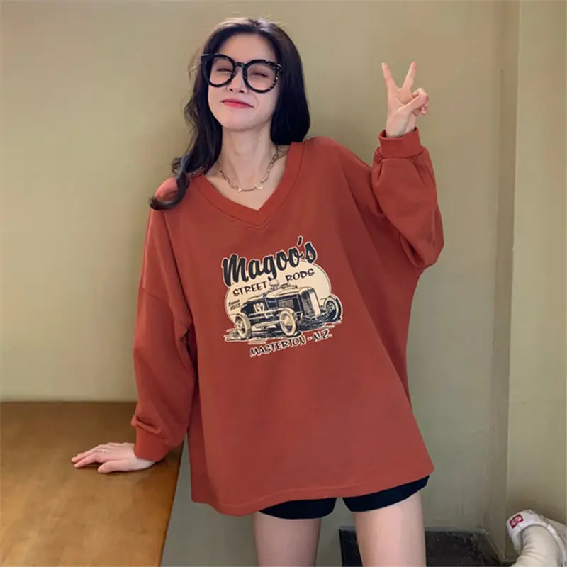 

Pullover new spring and autumn longsleeved top female cartoon thin section loose Korean version lazy style vneck sweater instide