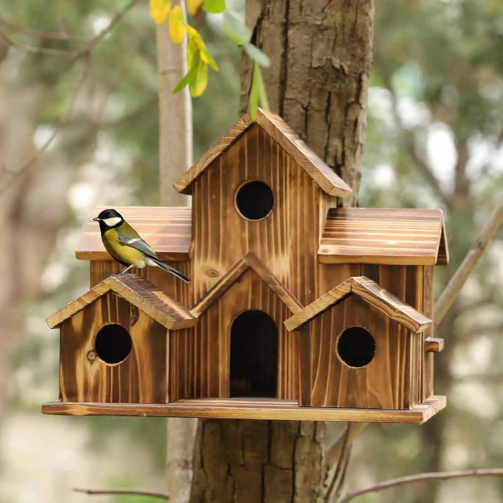 

Hanging Wooden Bird House For Outside, 6 Hole Handmade Natural Birdhouse Large Outdoor Shelter Decorate Backyard/courtyard/ V5e0
