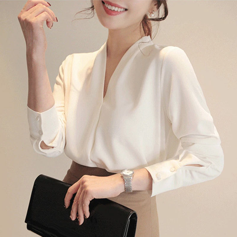 

Women's Chiffon Top 2023 Spring Fashion V-Neck Long Sleeve White Business Blouse for Women Office Work Formal Blouse