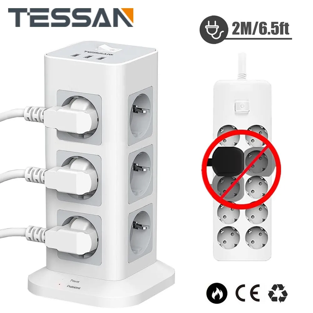 

TESSAN Tower Socket Power Strip Vertical Plug Multi Outlets with USB 2M Extension Cable EU Plug Electric Socket Surge Protection