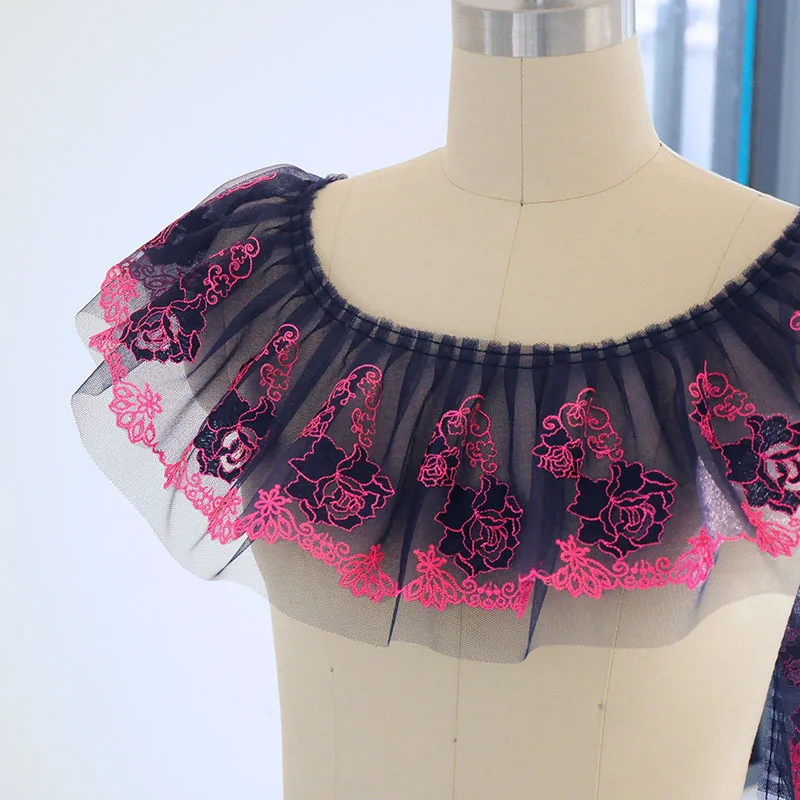 Плиссированная Тюлевая отделка двухслойная сетчатая ткань с цветочной вышивкой