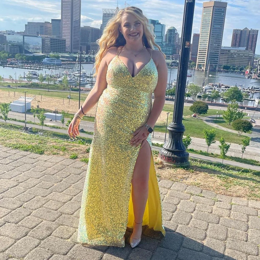 

Oversized Sexy V Neck Prom Dresses Spaghetti Strap Backless Sparkly Stylish Sheath Party Dress vestido formatura luxo glamurosos