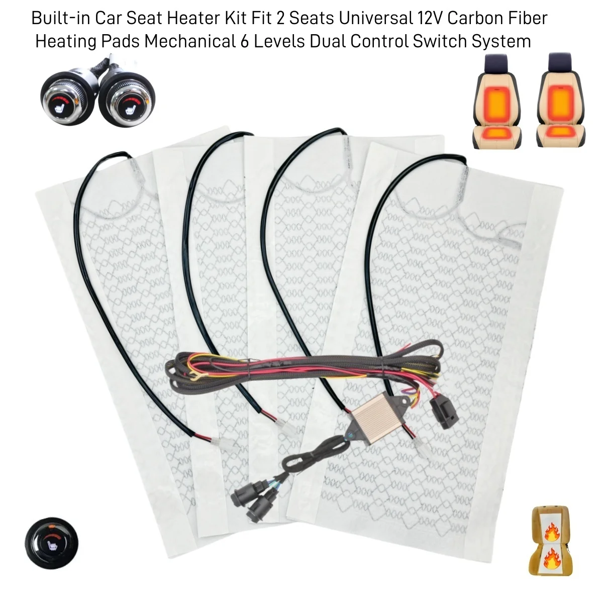 

12 В сиденье с подогревом из углеродного волокна для автомобильного внедорожника, накладки на обогреватель + 6-позиционная кнопка поворотного переключателя, внутренний чехол на сиденье, поддержка обогревателя