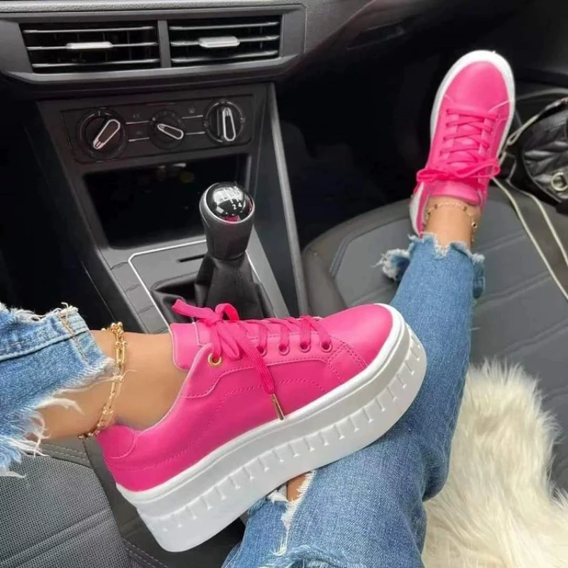 

Fashion Concise Women Sneakers 2023 All Season Walk Platform Shoes PU Leather Solid Colors Elegant Lace-up Women's Running Shoes