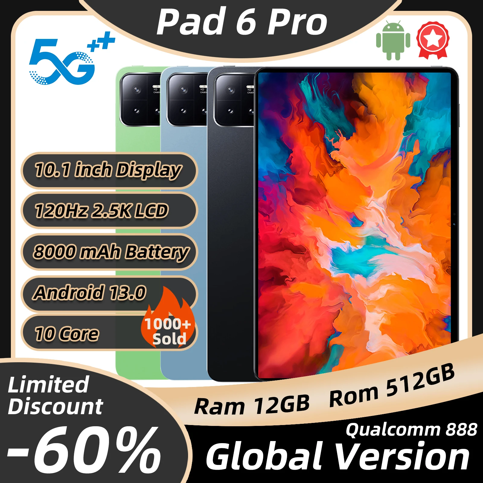 

Global Version Pad 6 Pro Tablet 10.1inch Qualcomm 888 12GB+512GB Tablete PC 120Hz 2.5K LCD Display 5G Wifi Tablet Android