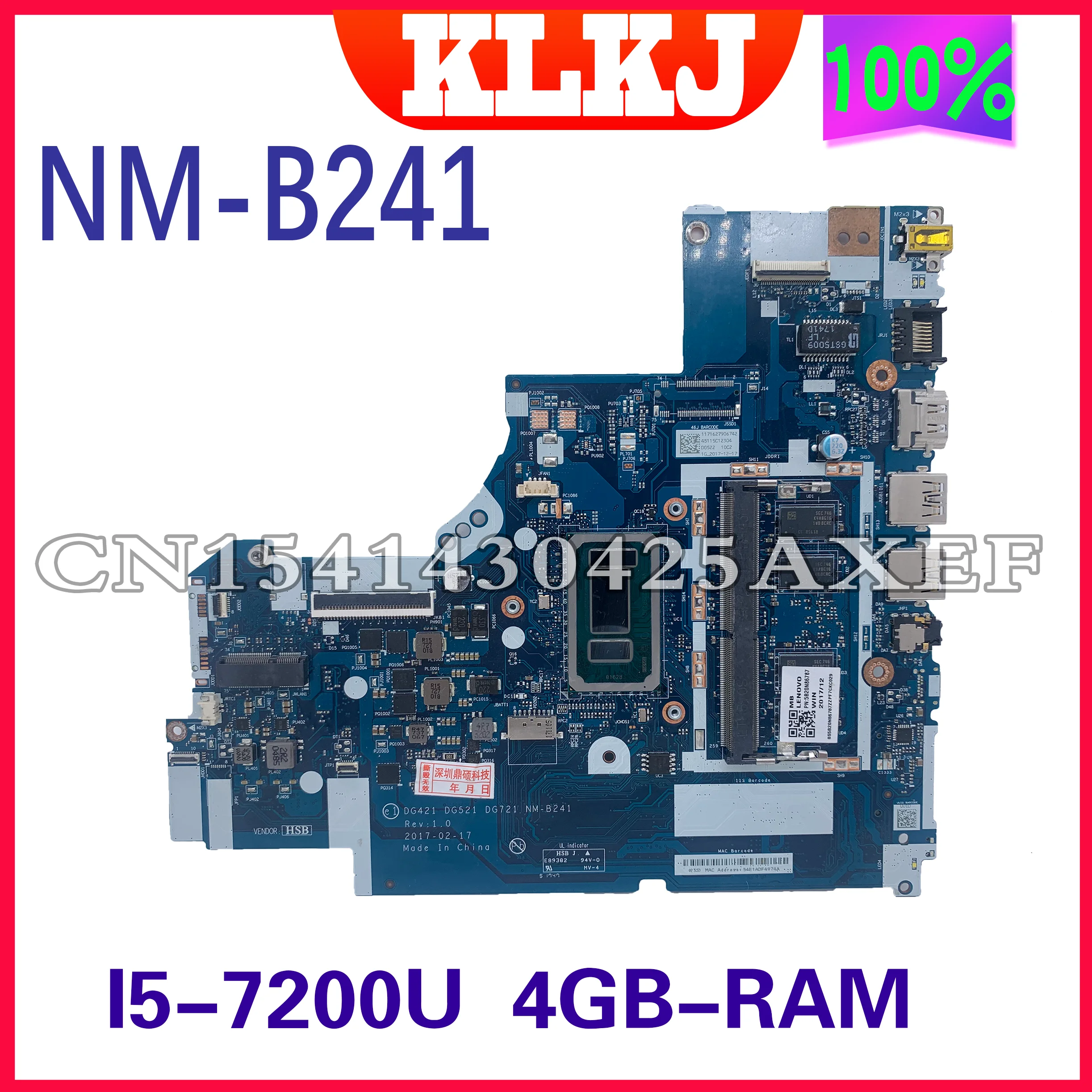 

KLKJ NM-B241 Laptop Motherboard For Lenovo Ideapad 320-15IKB 320-15ISK Original Mainboard 4GB-RAM I5-7200U GM