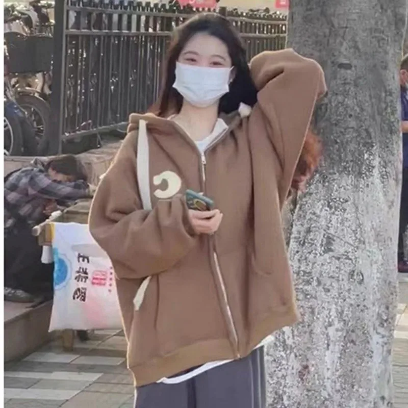 

Свитер с капюшоном, кардиган на молнии, плюшевый свитер для отдыха, цвет абрикосовый/кофейный, Осень-зима 2022