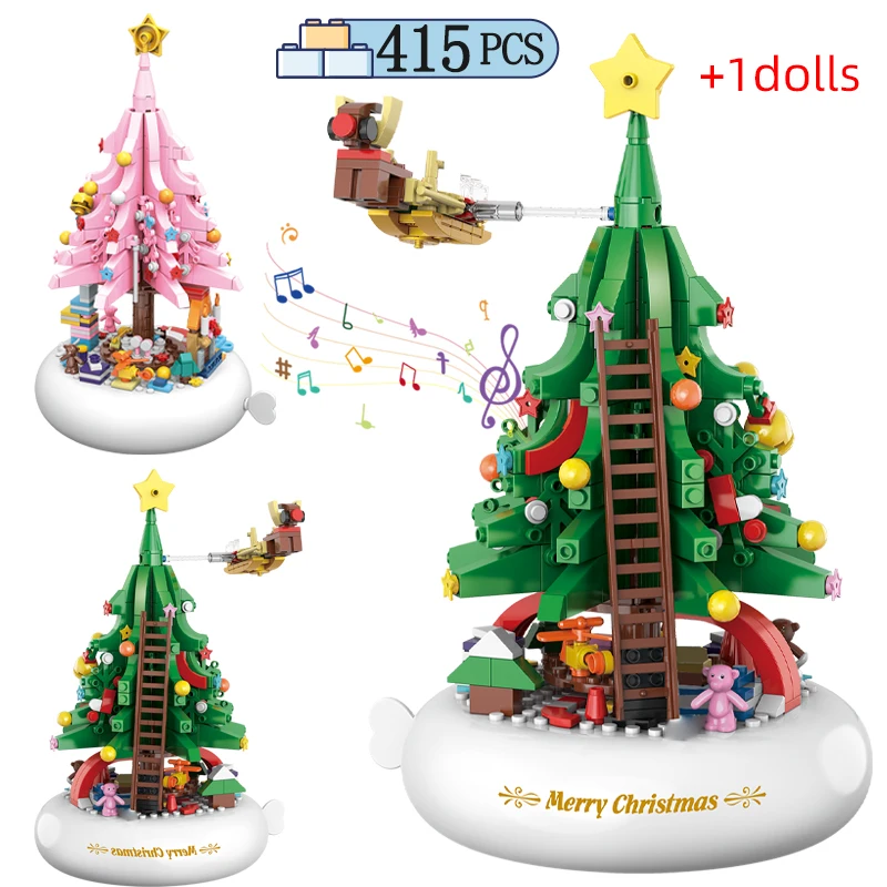 

415PCS City Christmas Tree Lighting Rotating Music Box Building Blocks Assembly LED Figures Bricks Toys For Children Gifts