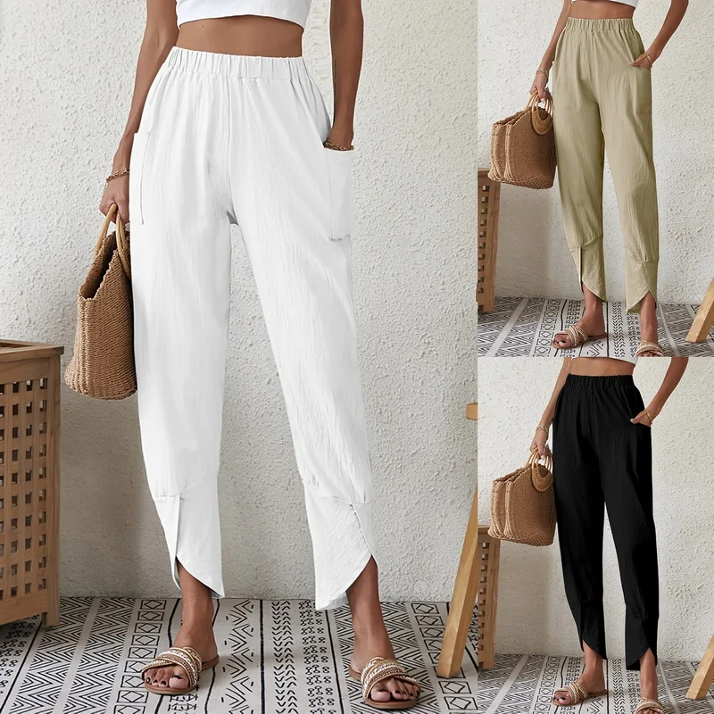 2023 Summer Ladies Vintage Ankle-Length Wide Leg Trousers Women Cotton Linen Harem Pants Loose High Waist Pocket Pants