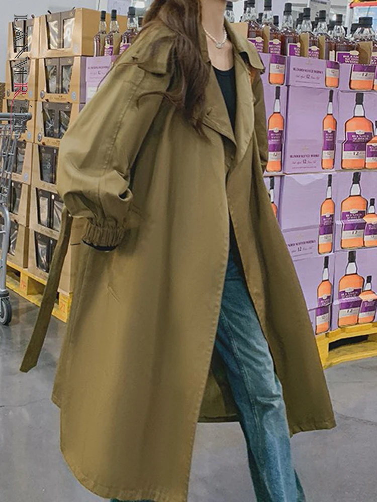 

LANMREM Women Mid Length Windbreaker Lapel Belt Gathered Waist Pockets Solid Color Trench Coat Fashion 2023 Autumn New 2AA1417