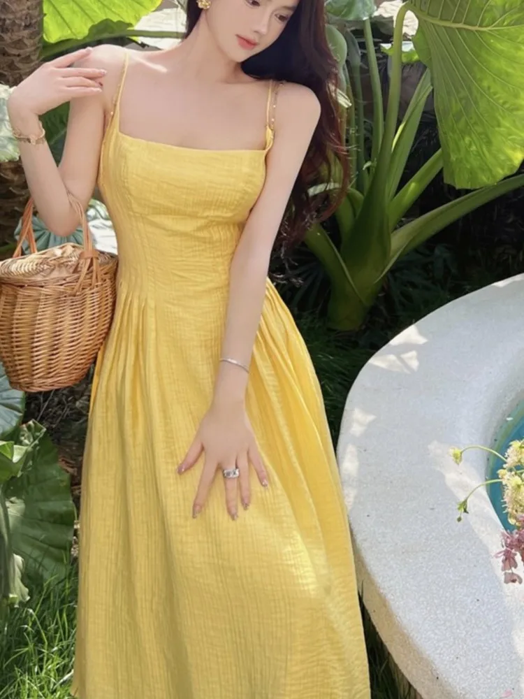 

Strap Sexy Holiday Women Yellow Long Dress For Beach Vinatge Slim Waist Sleeveless Clothes Summer Sweet New Outfits Fiesta Maxi