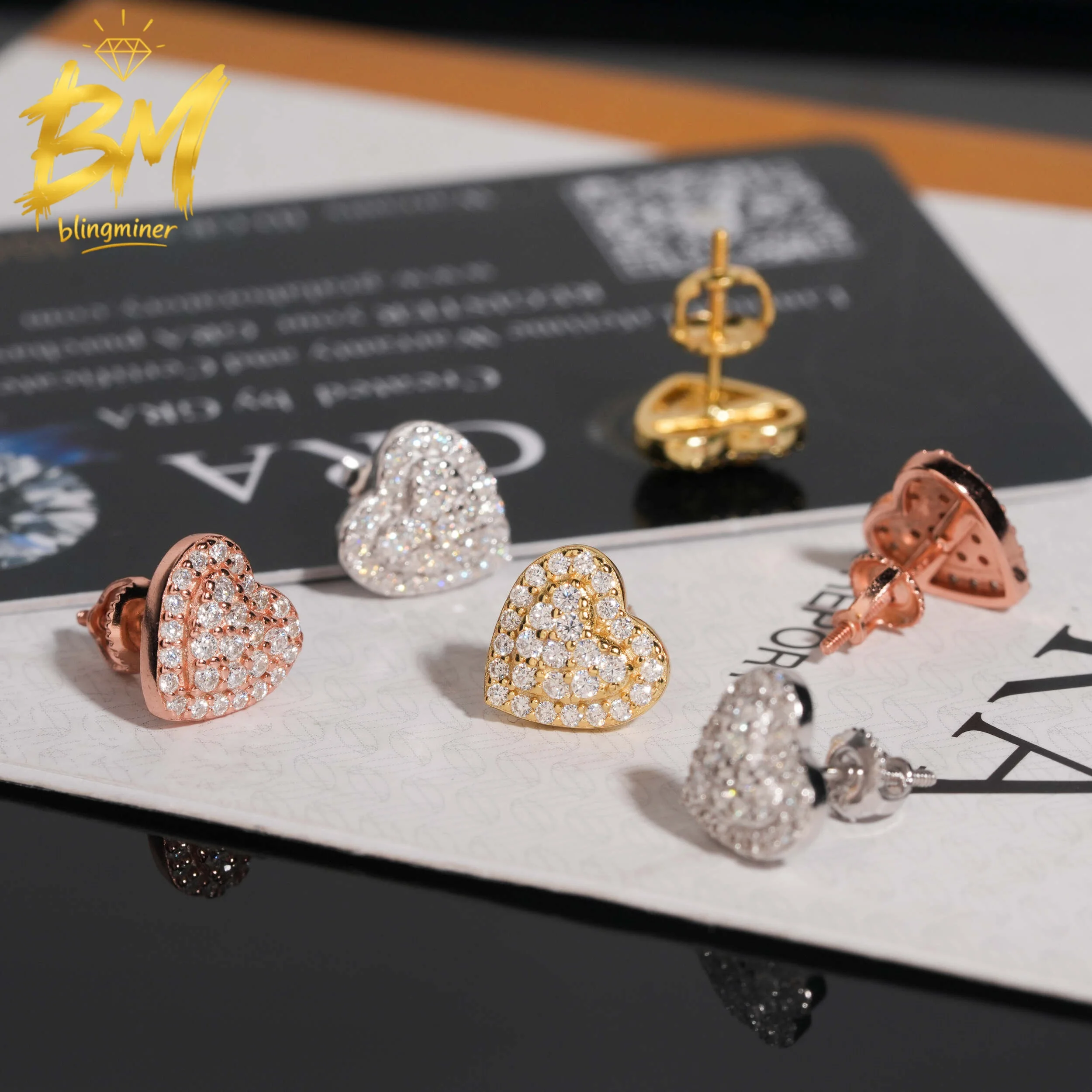 Фото Серьги Blingminer Heart Design VVS Moissanite для мужчин и женщин, серебряные серьги-гвоздики S925, прошедшие проверку на алмазы, GRA, бесплатная доставка №1