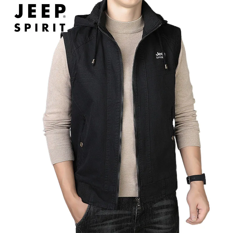 

JEEP SPIRIT men casual hooded vest outdoor plus velvet thick comfortable coat autumn winter new fashion warm all-match waistcoat