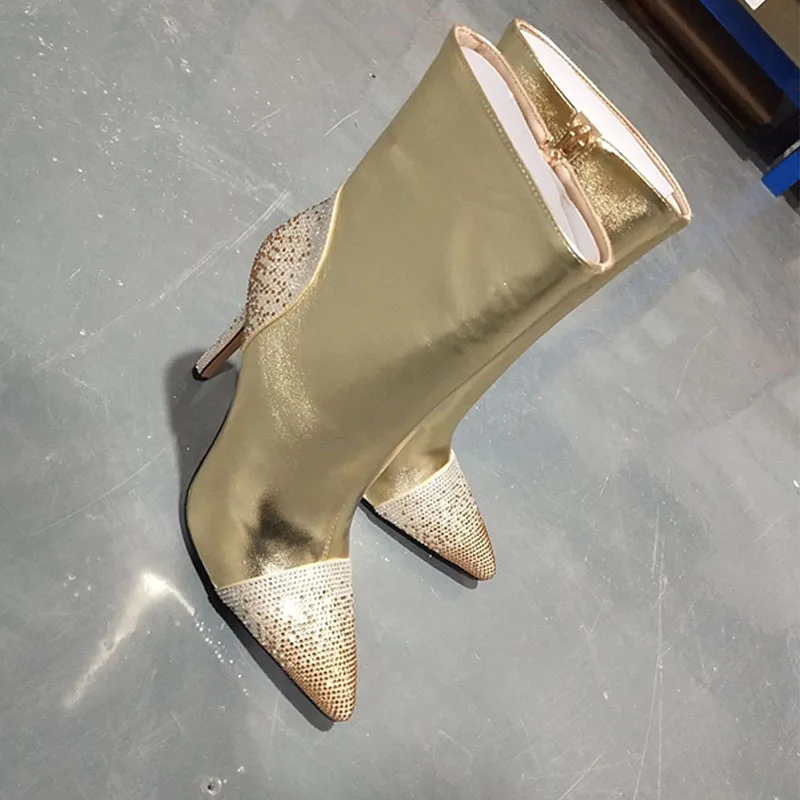 2022 Winter New Fashion Stitching Rhinestone Large Size Stiletto High Heel Short Boots Women's Boots