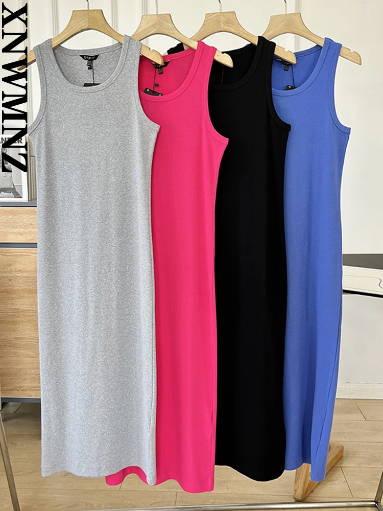 

XNWMNZ Women's Fashion New Slim Fit O Neck Rib Dress Woman Casual Versatile Sleeveless Female Chic Midi Dresses