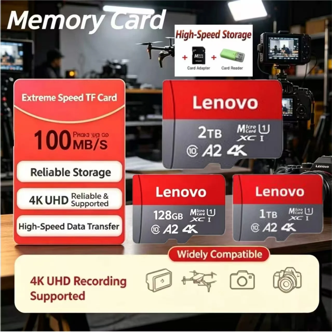 Фото Карта памяти LENO SD 1 ГБ 128 ГБ 1 ТБ 2 ТБ Micro TF SD UHS-I U3 V30 высокоскоростная для телефонов и видеорегистраторов 2026 №1