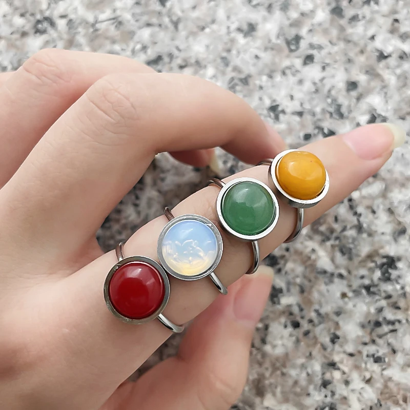 

Natural Stone Ring for Women Trendy Stainless Steel Open Adjustable Rings Agate Tiger Eye Opal Couple Wedding Beach Jewelry