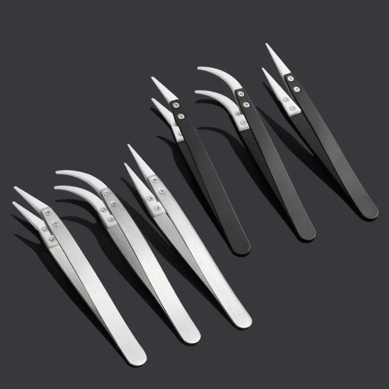 

1pc Anti-Static Ceramic Tweezers Stainless Steel Electronic Cigarette Industrial Ceramic Tweezers Insulated Straight Curved Tip