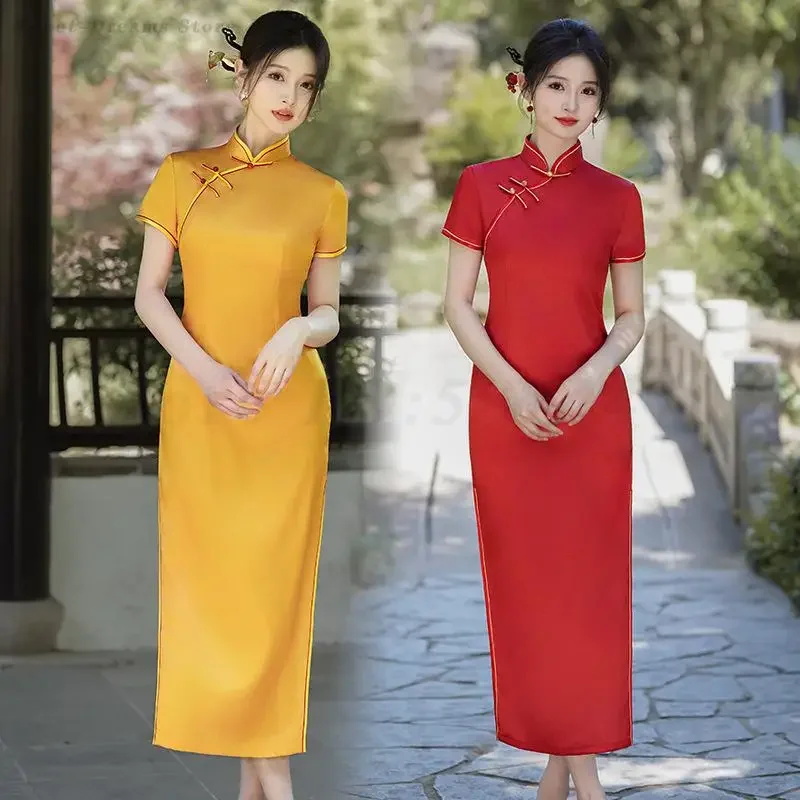 Элегантное вечернее платье Cheongsam Vestidso традиционное китайское женское атласное
