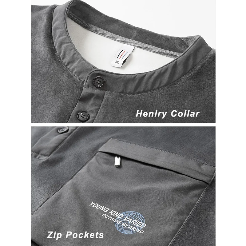 New Winter Thick Warm Fleece Sweatshirts Men Henlry Collar Zip Chest Pockets Casual Thermal Outdoors Pullover Training Top