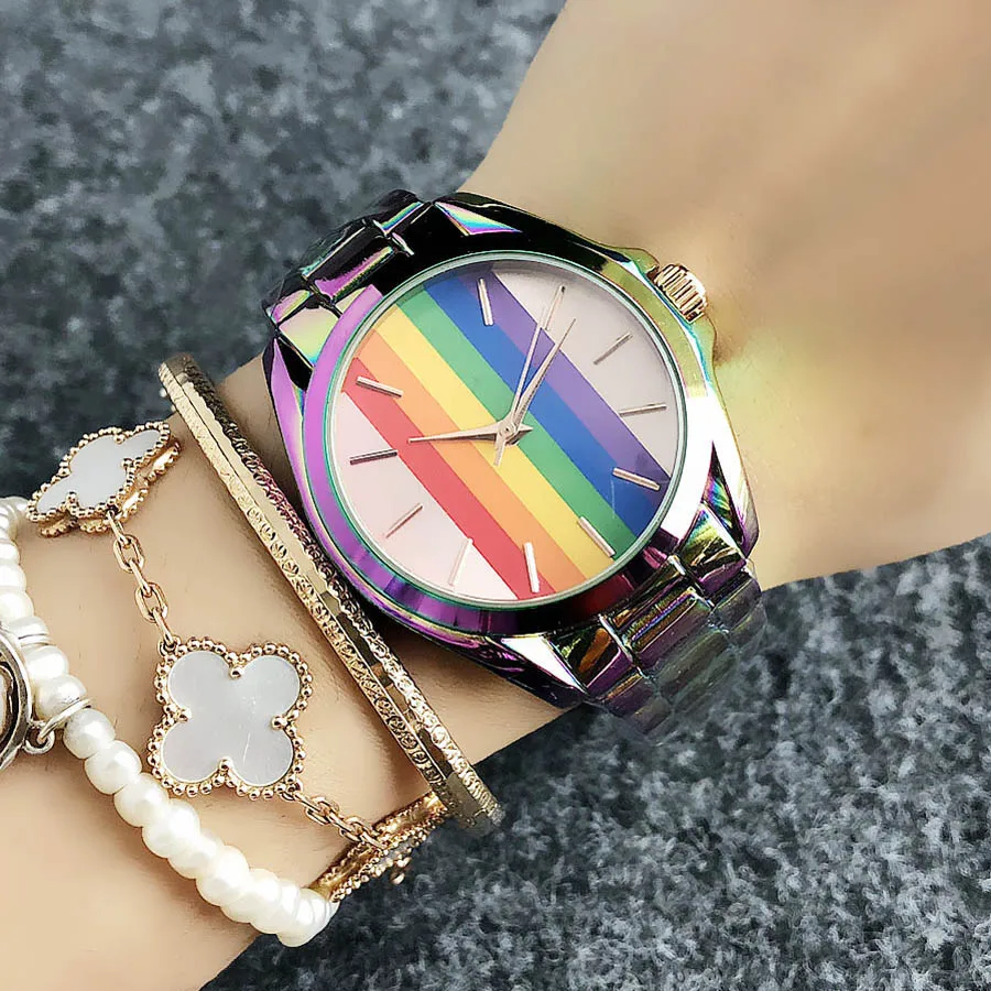 Brand Wrist Watches Women Girl Ladies Rainbow Style Quartz Casual Steel Metal Band Clock m99
