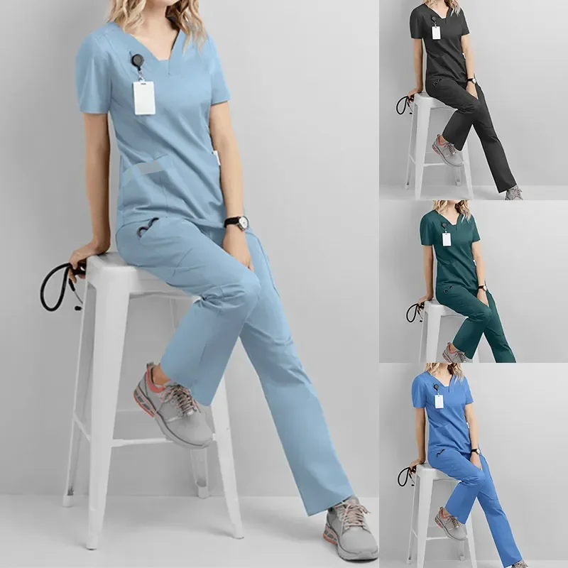 

Drawstring Medical Scrubs Nursing Top New V-neck Suits Pants Cloth Uniform Work Top Pants Set Women's Doctor Medical Scrubs