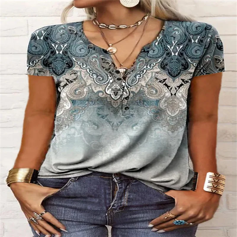 

Top Women 2023 New Hot Selling Leisure Fashion Women's Popular Leisure V-Neck Retro Printed Short Sleeve Tees T-Shirt