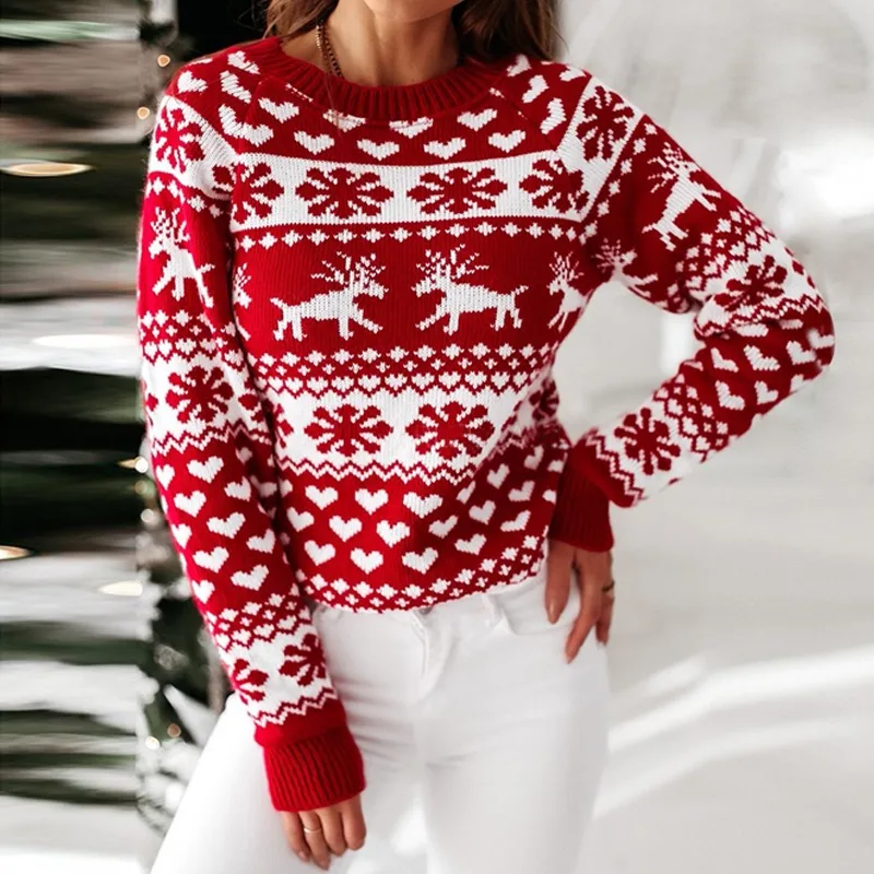 

Sweater Women Christmas Deer Knitted Long Sleeve Round Neck Ladies Jumper Fashion Casual Winter Autumn Pullover ClothesPlus Size